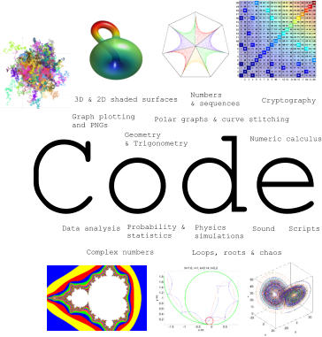 Code 3D & 2D shaded surfaces Complex numbers Cryptography Data analysis Geometry & Trigonometry Graph plotting  and PNGs Loops, roots & chaos Numbers  & sequences Numeric calculus Physics  simulations Polar graphs & curve stitching Probability & statistics Scripts Sound