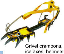 Grivel crampons,  ice axes, helmets